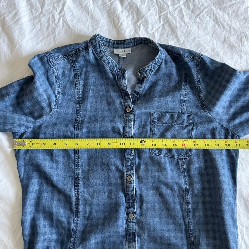 J. Jill Chambray Denim Checkered Shift Shirt Dress Size Medium - Picture 7 of 10